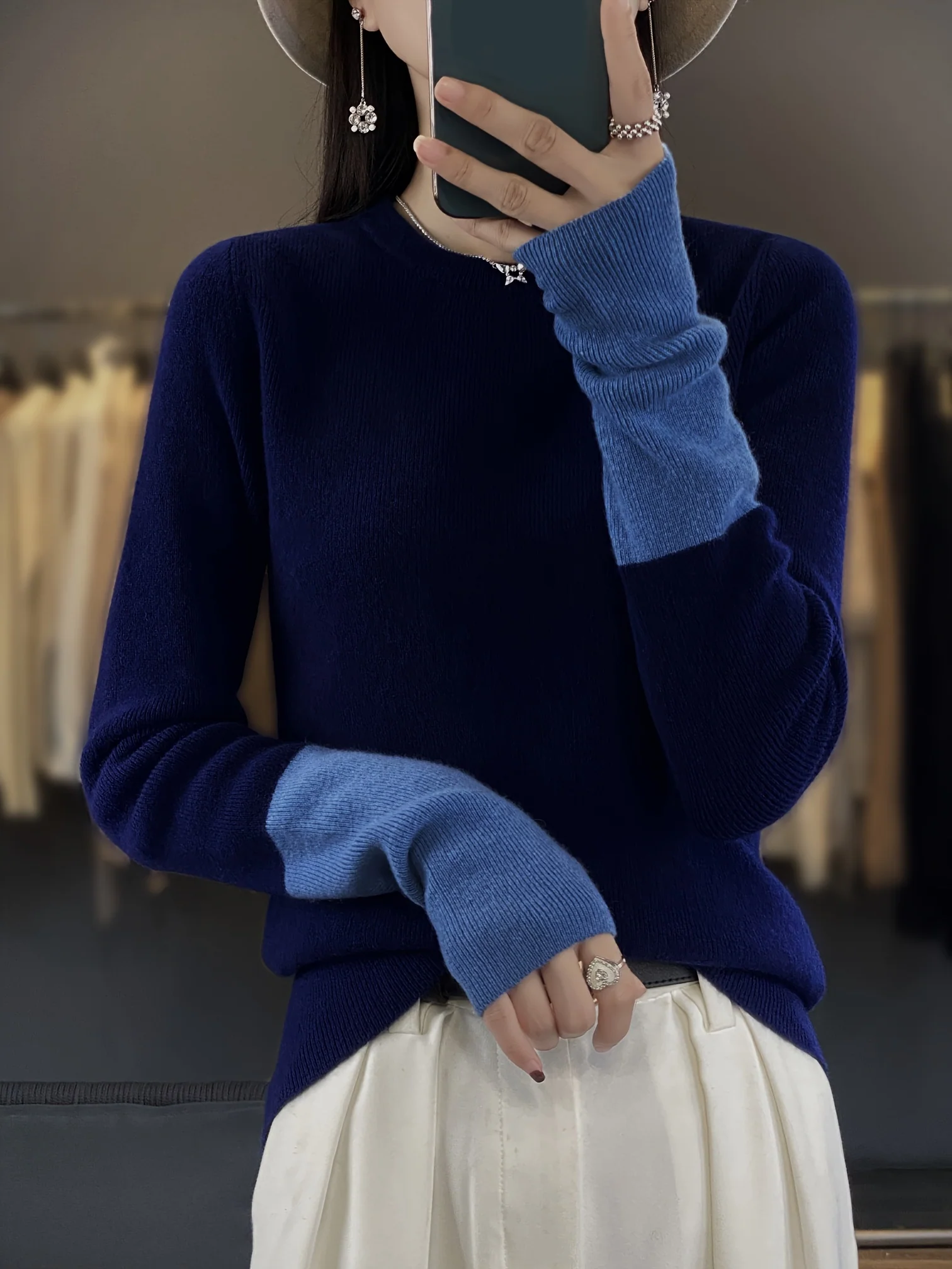 Color Block Crew Neck Pullover Sweater, Elegant Long Sleeve Slim Sweater, Women's Clothing - Deanwangkt