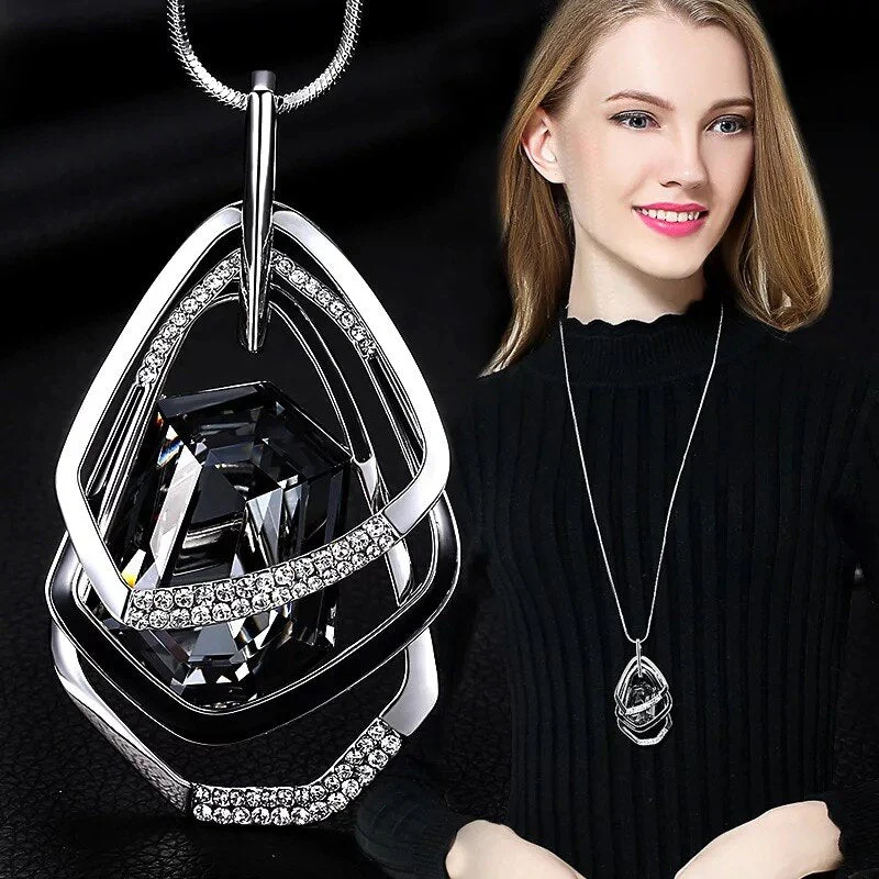 DEANWANGKT Long Black Crystal Necklaces & Pendants Fashion Gold Silver Color Chain Rhinestone Geometric  Necklace Jewelry For Women - Deanwangkt