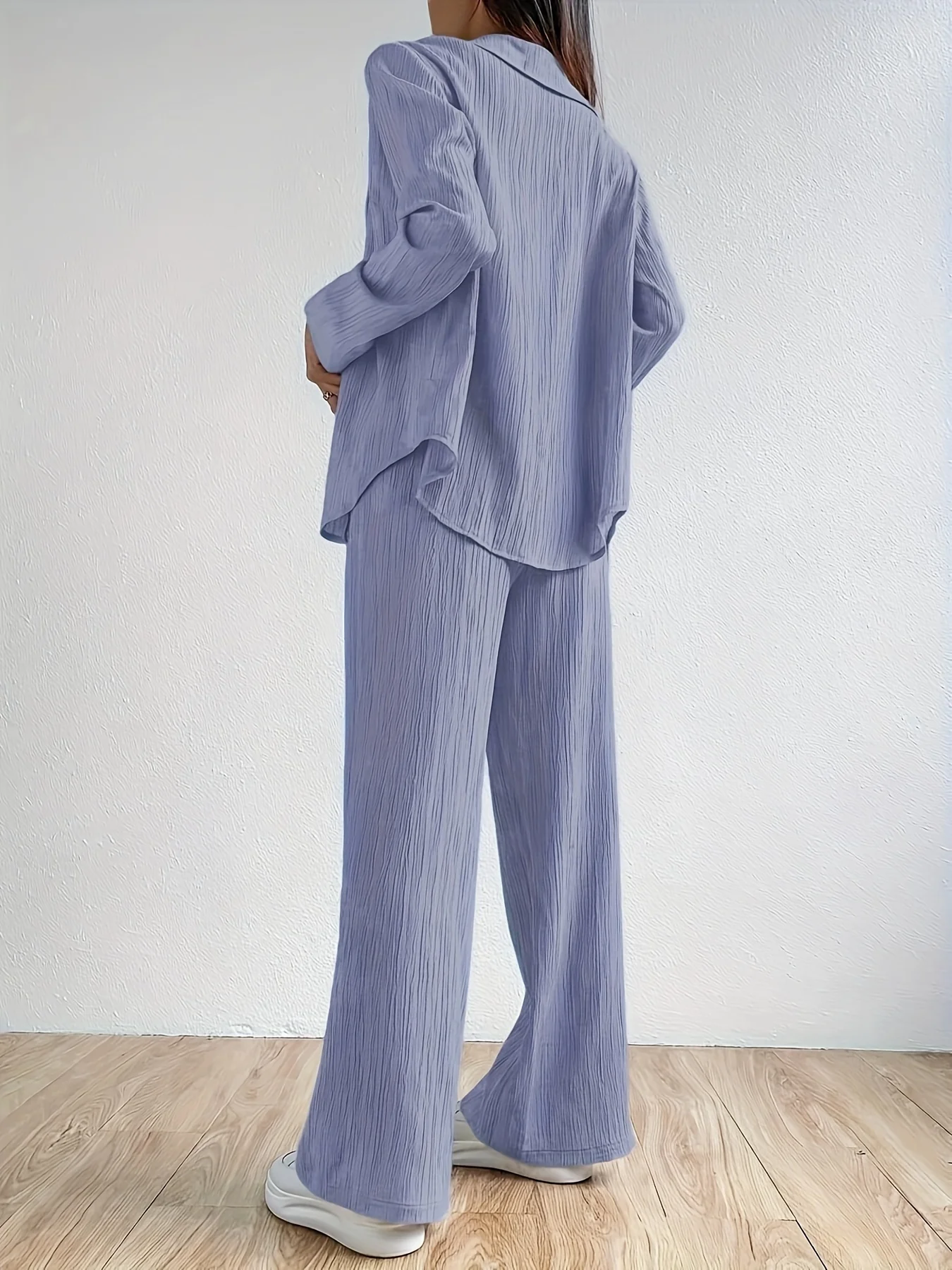 deanwangkt-1  Casual Solid Two-piece Set, Long Sleeve Button Front Shirt & Elastic Waist Pants Outfits, Women's Clothing - Deanwangkt