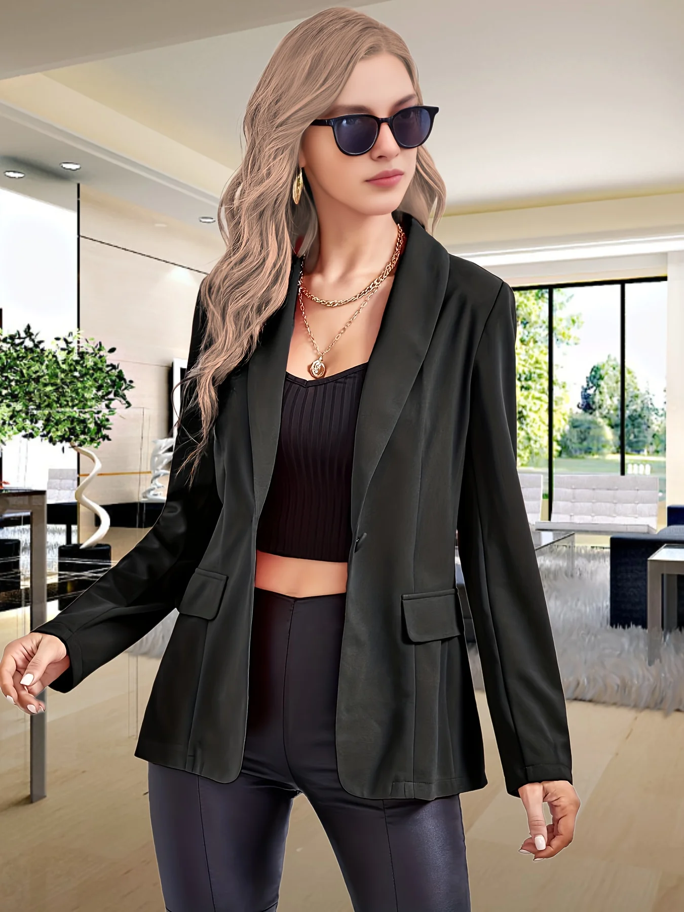 deanwangkt-1 Solid One Button Blazer, Elegant Long Sleeve Work Office Outerwear, Women's Clothing - Deanwangkt