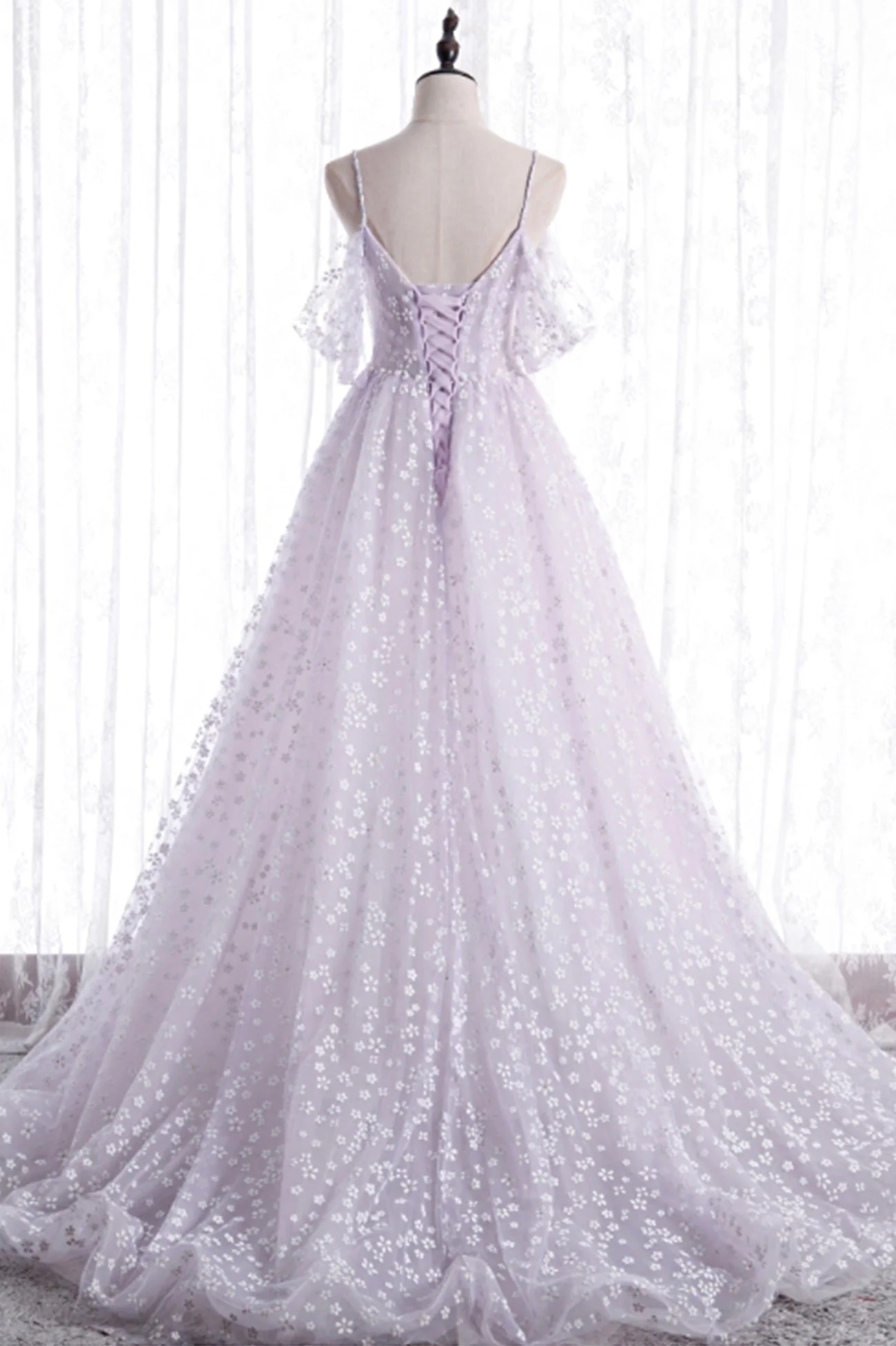 solvbao Lovely V-Neck Floral Tulle Long Prom Dress, Lavender A Line Evening Party Dress - Deanwangkt