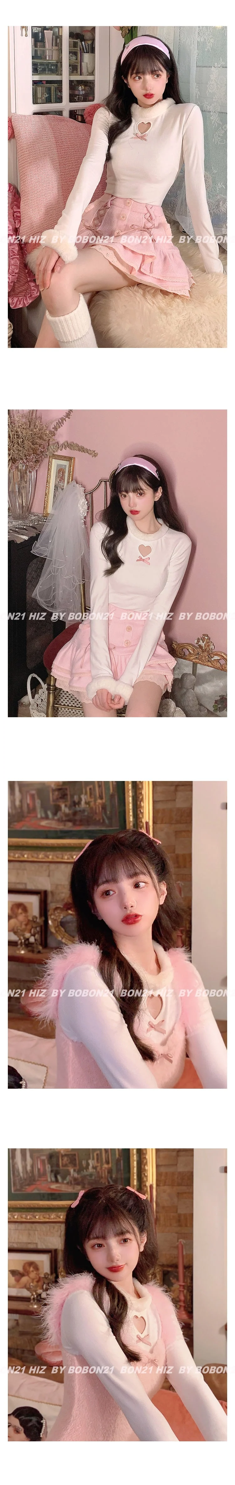 Japanese Pink Sweet Lolita Blouse Women Winter Warm Kawaii Knitted Blouse Female Long Sleeve Tops Korean Style Clothing  New - Deanwangkt