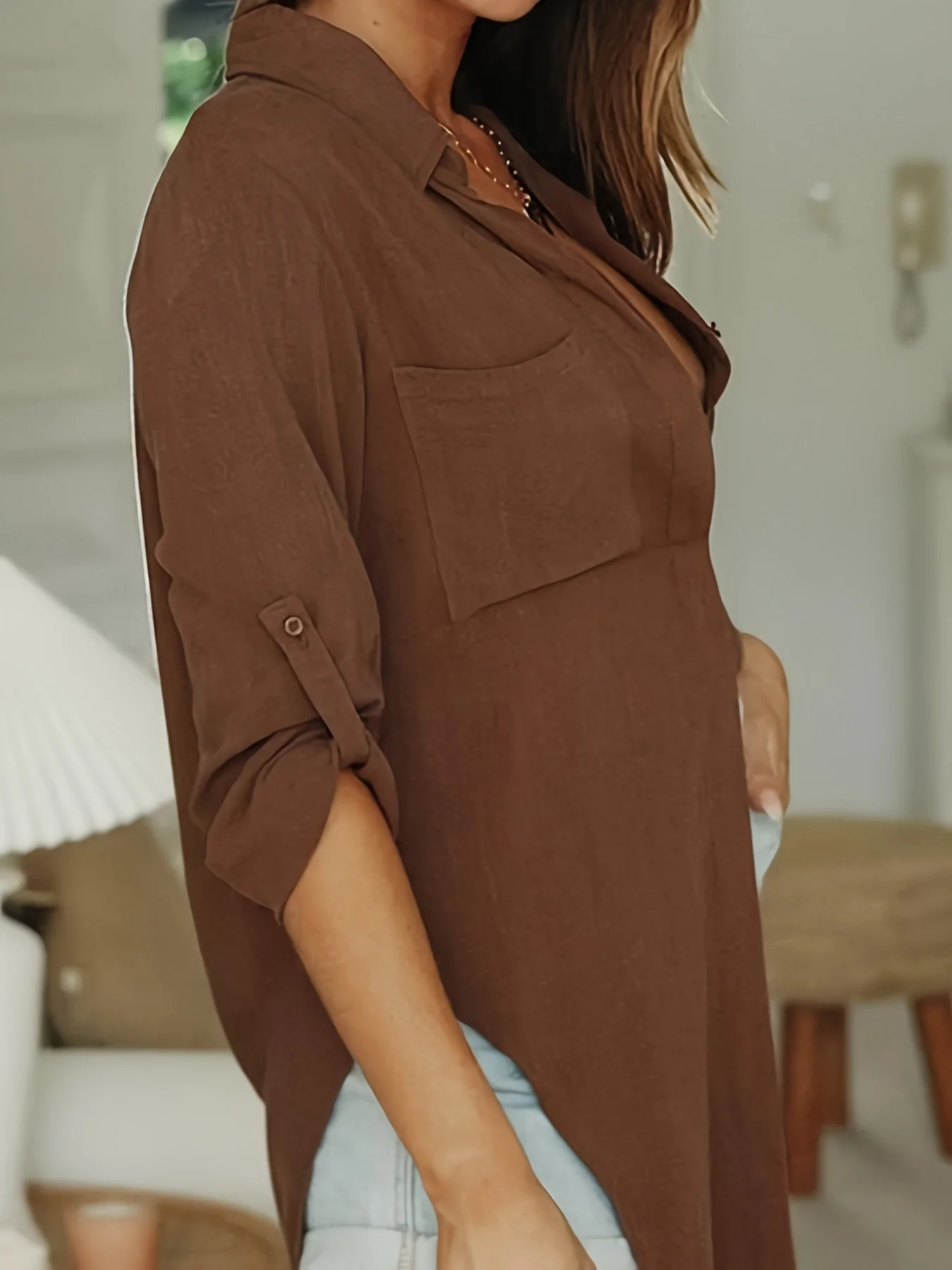 Solid Button Front Shirt, Casual Long Sleeve Loose Shirt, Women's Clothing - Deanwangkt