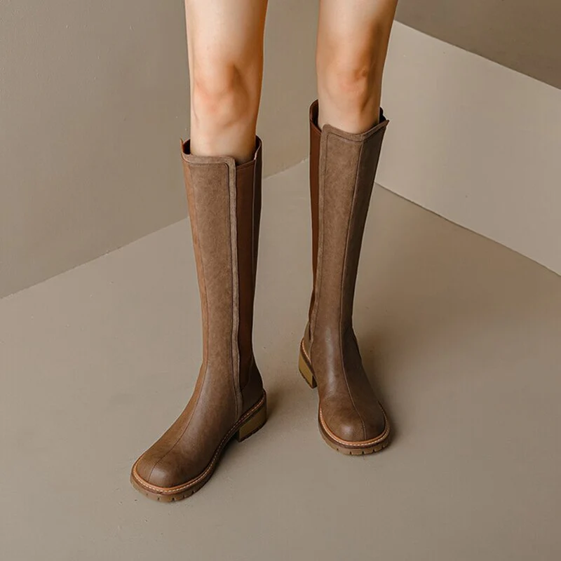 deanwangkt Autumn Boots   NEW Fall Women Shoes Round Toe Chunky Shoes Women Winter Split Leather Knight Boots Thick Heel Knee High Boots Retro Boots Women - Deanwangkt