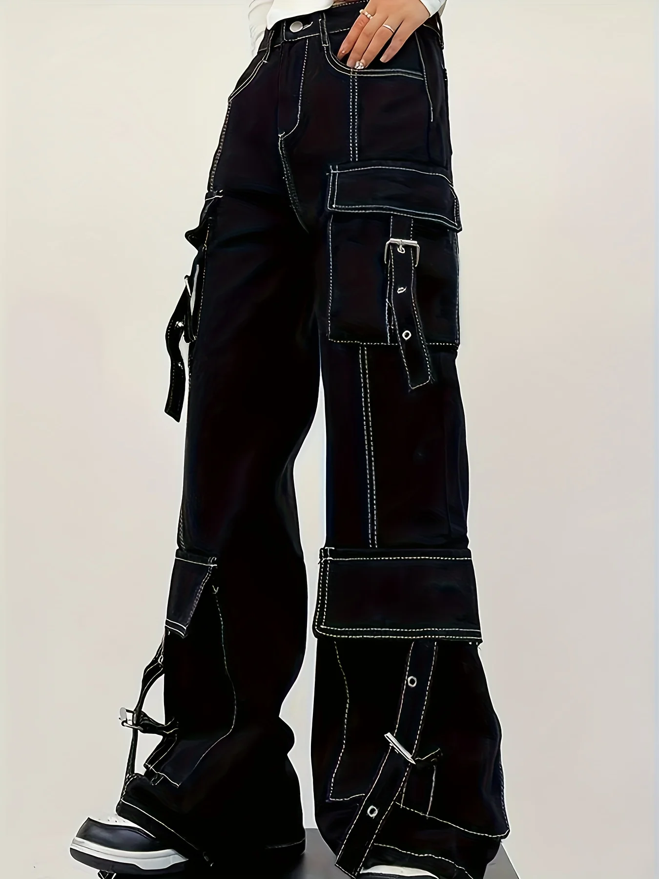 deanwangkt-1 Flap Pockets Chic Cargo Pants, Loose Fit Non-Stretch Wide Legs Jeans, Women's Denim Jeans & Clothing - Deanwangkt