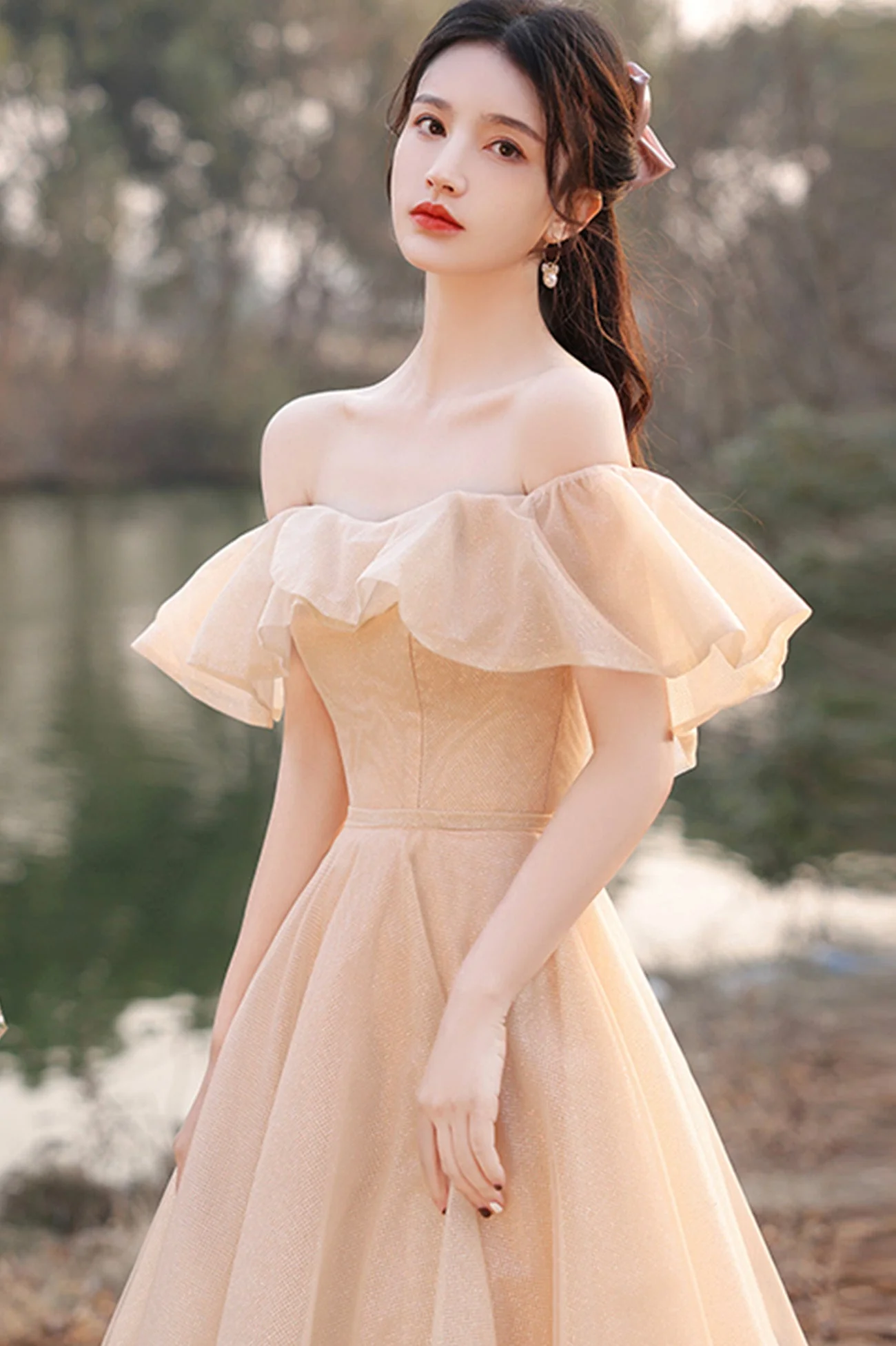 solvbao Cute Tulle Long A-Line Prom Dresses, Champagne Lace-Up Party Dresses - Deanwangkt