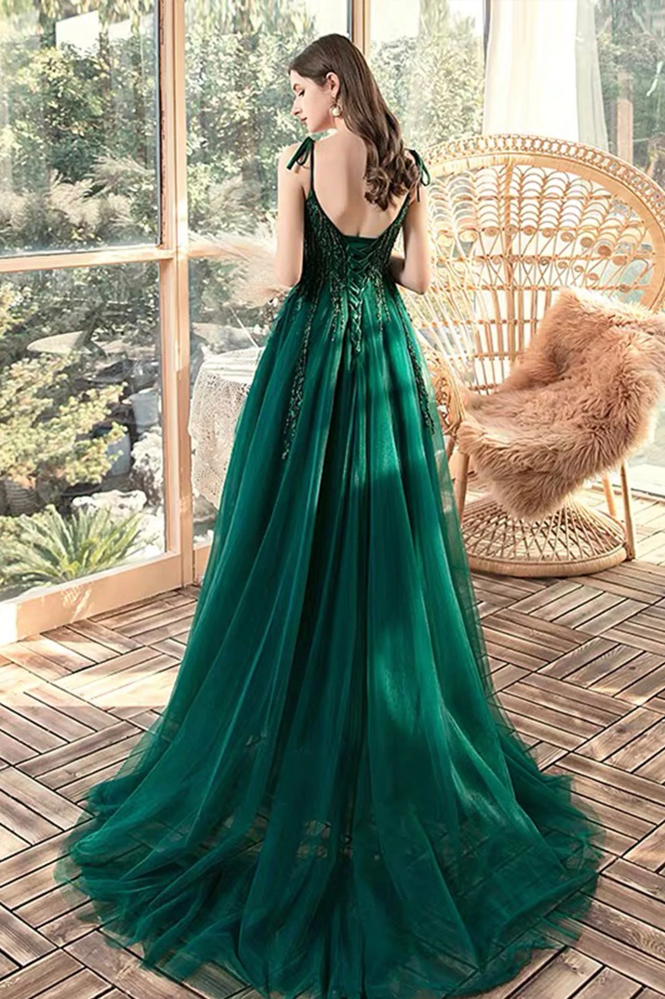 solvbao Green V-Neck Lace Long Prom Dresses, A-Line Evening Dresses - Deanwangkt