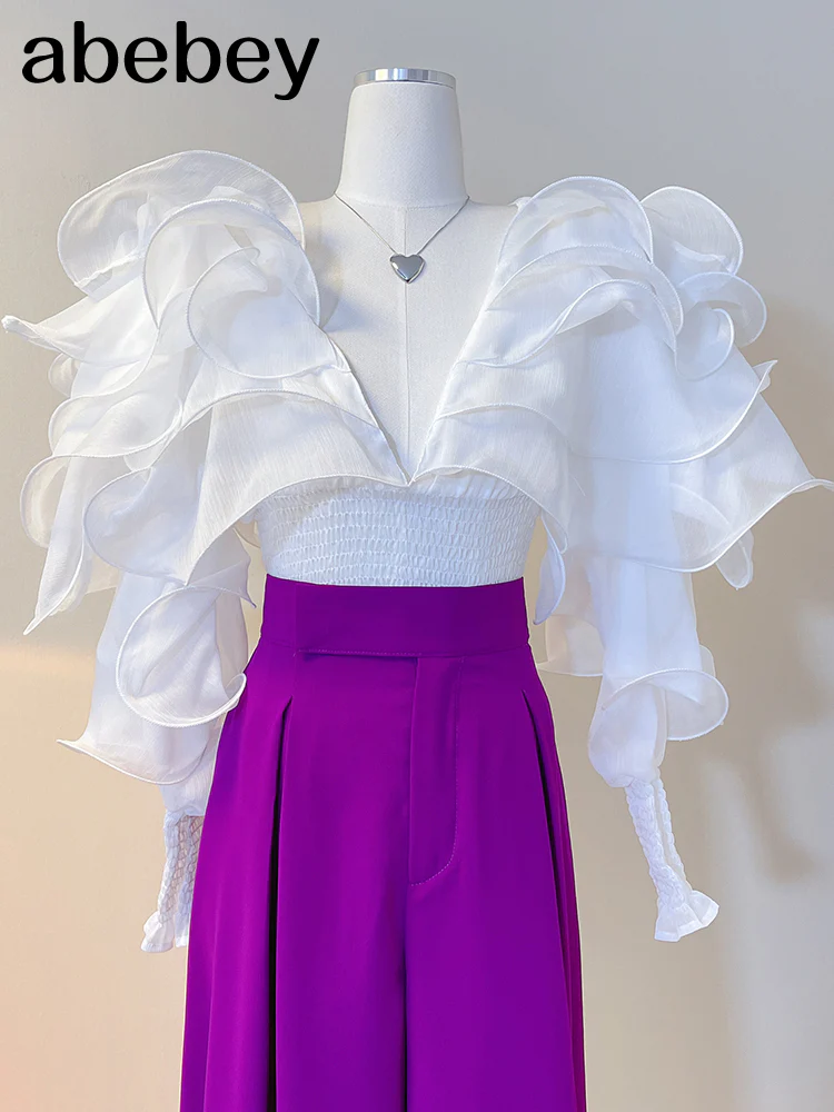 deanwangkt Slim Solid Patchwork Ruffles Lace Up Blouses For Women Deep V Neck Loose Long Sleeve Female  Spring New - Deanwangkt