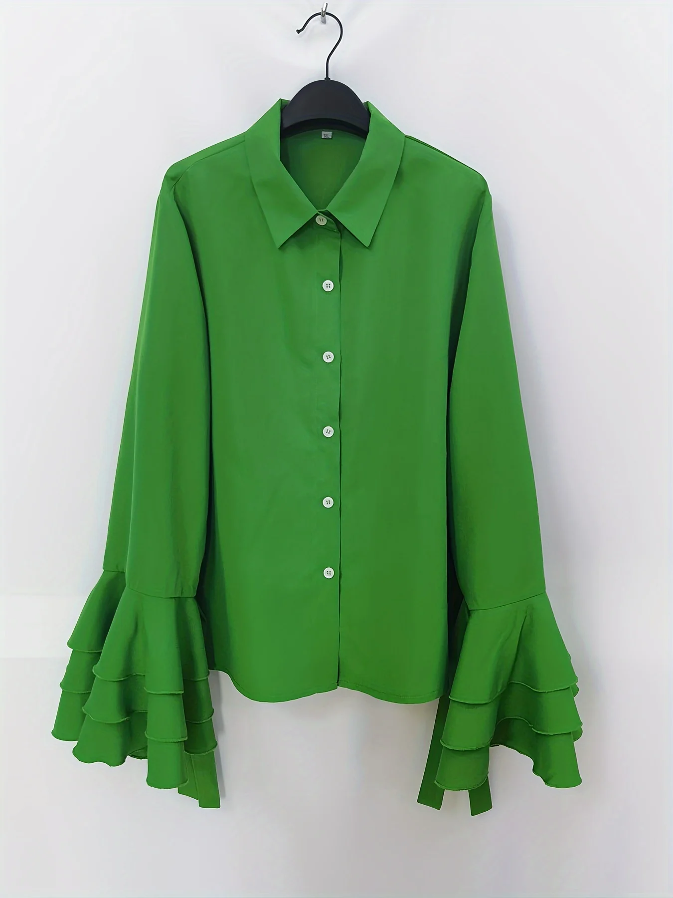 Plus Size Elegant Blouse, Women's Plus Solid Button Up Layered Sleeve Turn Down Collar Blouse - Deanwangkt