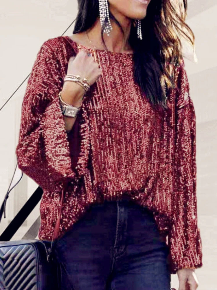 deanwangkt Spring Loose Round Neck Blouse Sequined Short Sleeve T-shirt Women's Blouse Ladies' Casual Sports T-shirt All Neon Store Clothes - Deanwangkt