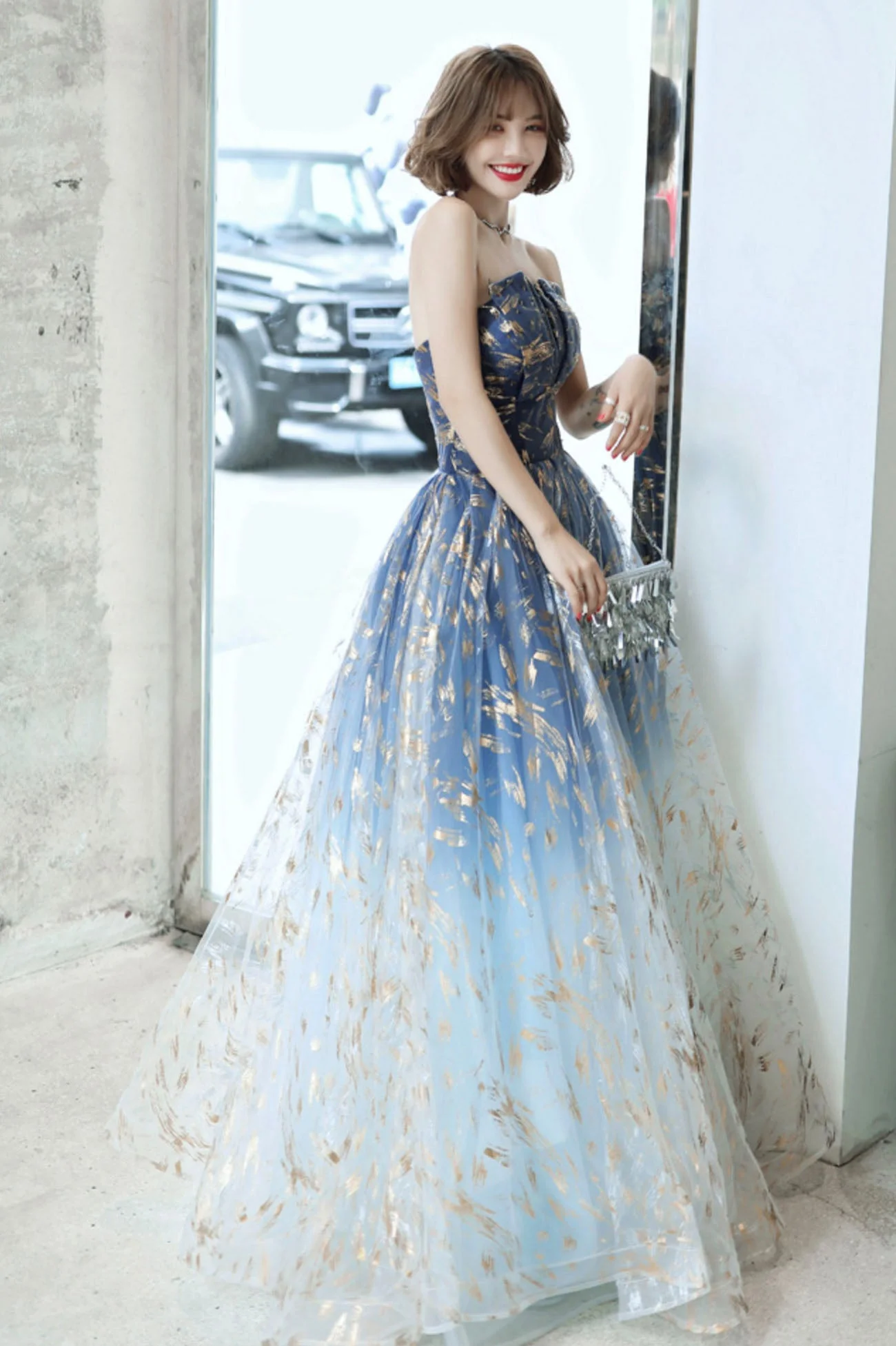 solvbao Blue Tulle Gradient Long Formal Gowns, A-Line Strapless Evening Dresses - Deanwangkt