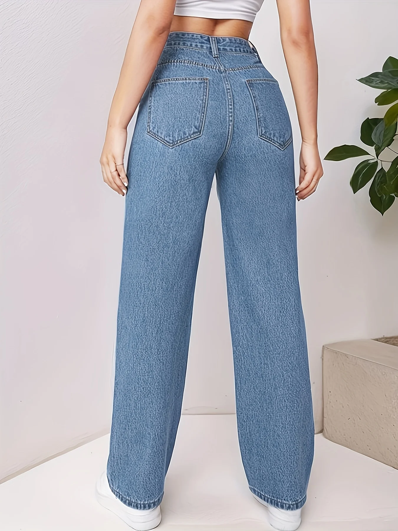 Blue Loose Fit Straight Jeans, High Waist Non-Stretch Slash Pockets Denim Pants, Women's Denim Jeans & Clothing - Deanwangkt