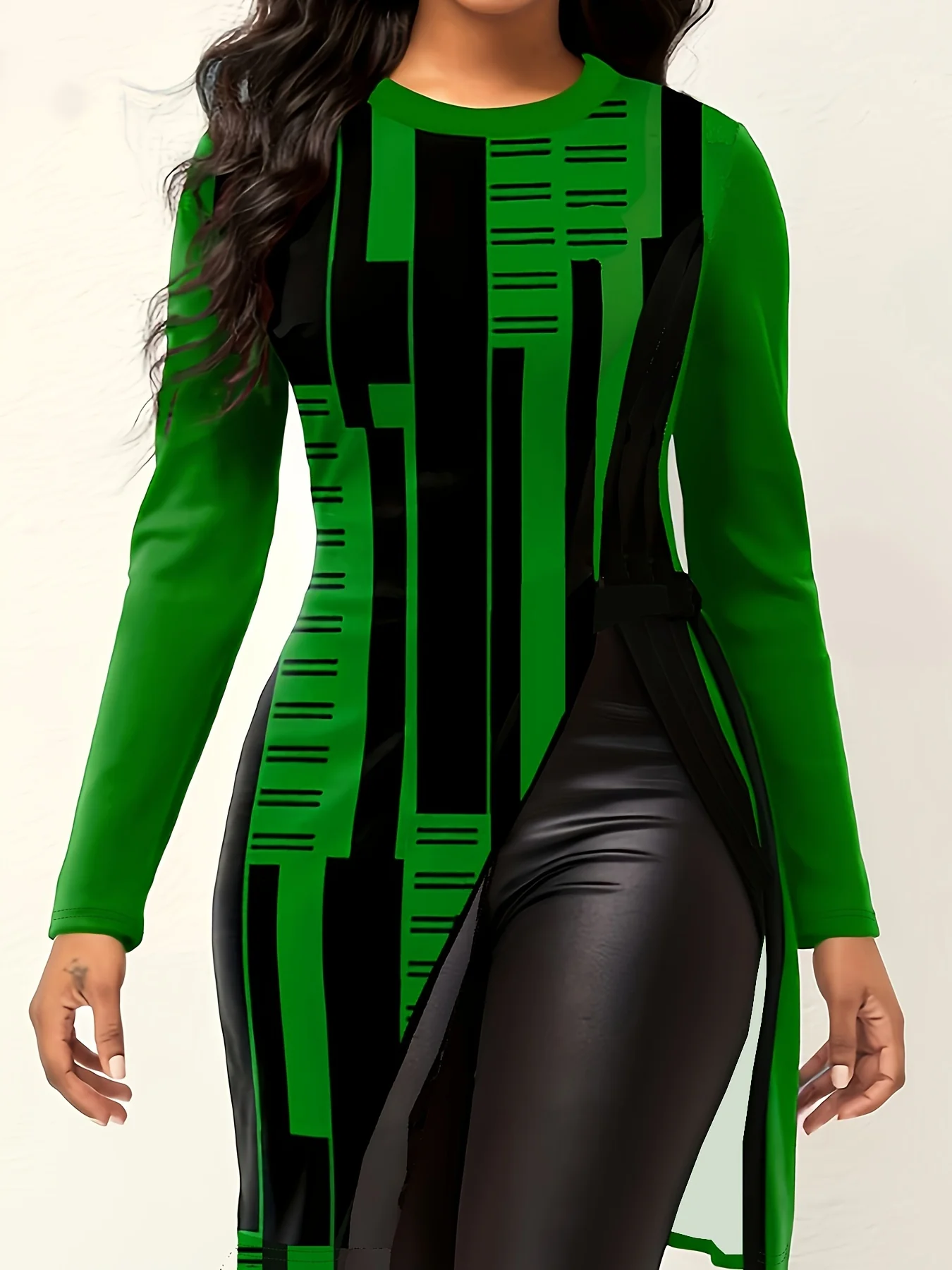 deanwangkt-1 Geometric Print Split Hem Top, Casual Crew Neck Long Sleeve Top For Spring & Fall, Women's Clothing - Deanwangkt