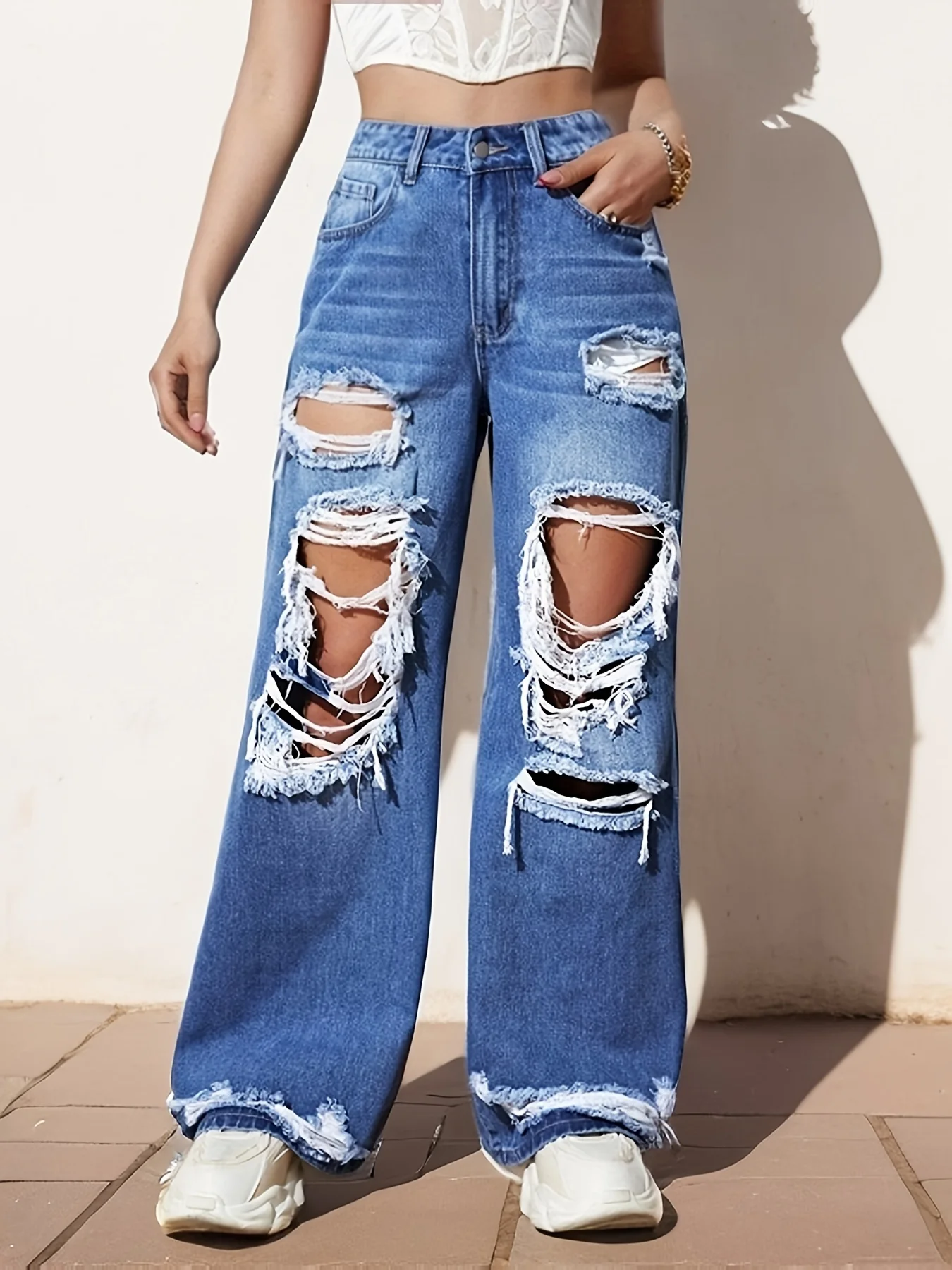 Ripped Straight Leg Loose Fit Jeans, High Rise Wide Legs Distressed Denim Pants, Women's Denim Jeans & Clothing - Deanwangkt