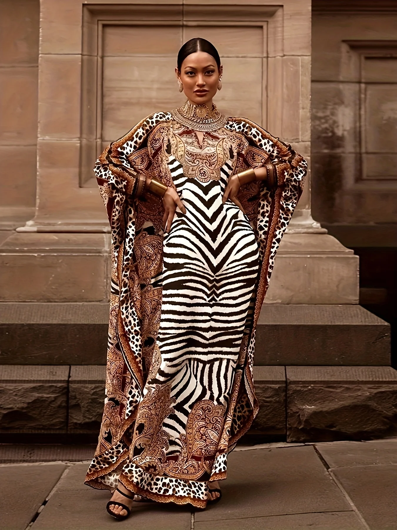 Plus Size Boho Kaftan Dress, Women's Plus Zebra & Paisley Print Batwing Sleeve Notched Neck Maxi Split Dress - Deanwangkt