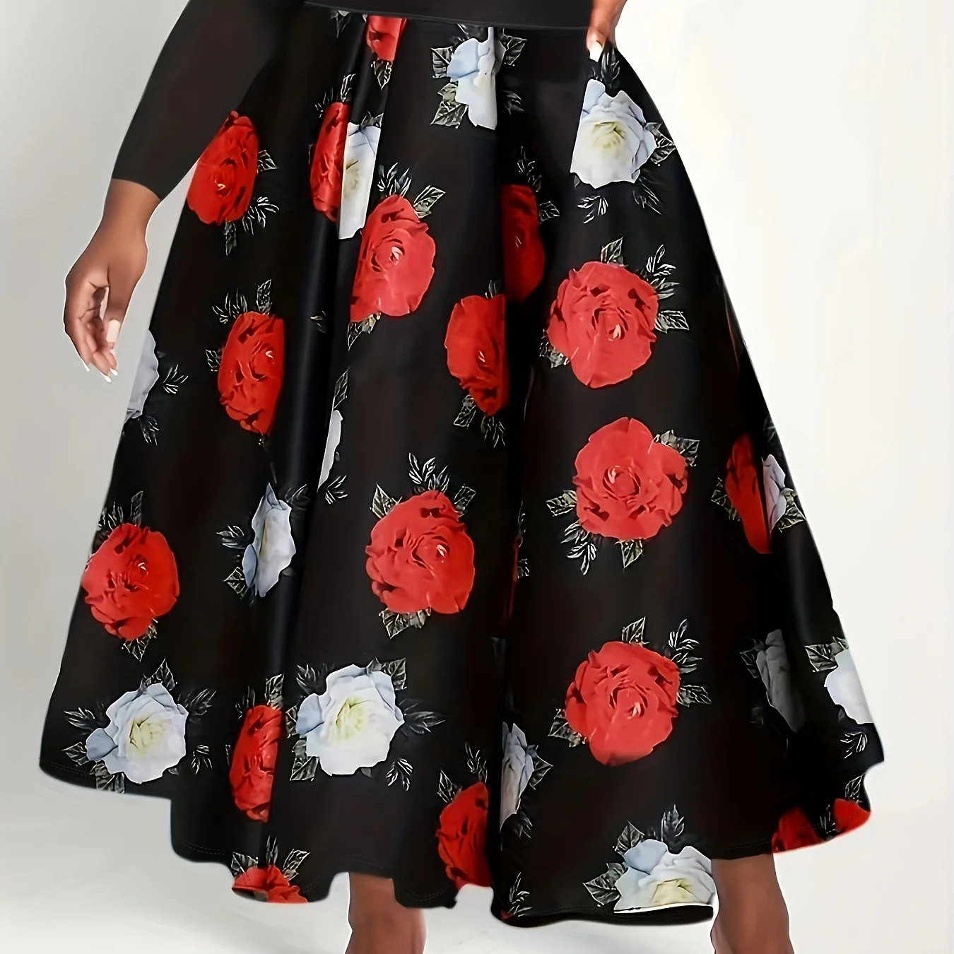 Plus Size Elegant Skirt, Women's Plus Floral Print Elastic High Rise High Stretch A-line Pleated Maxi Skirt - Deanwangkt