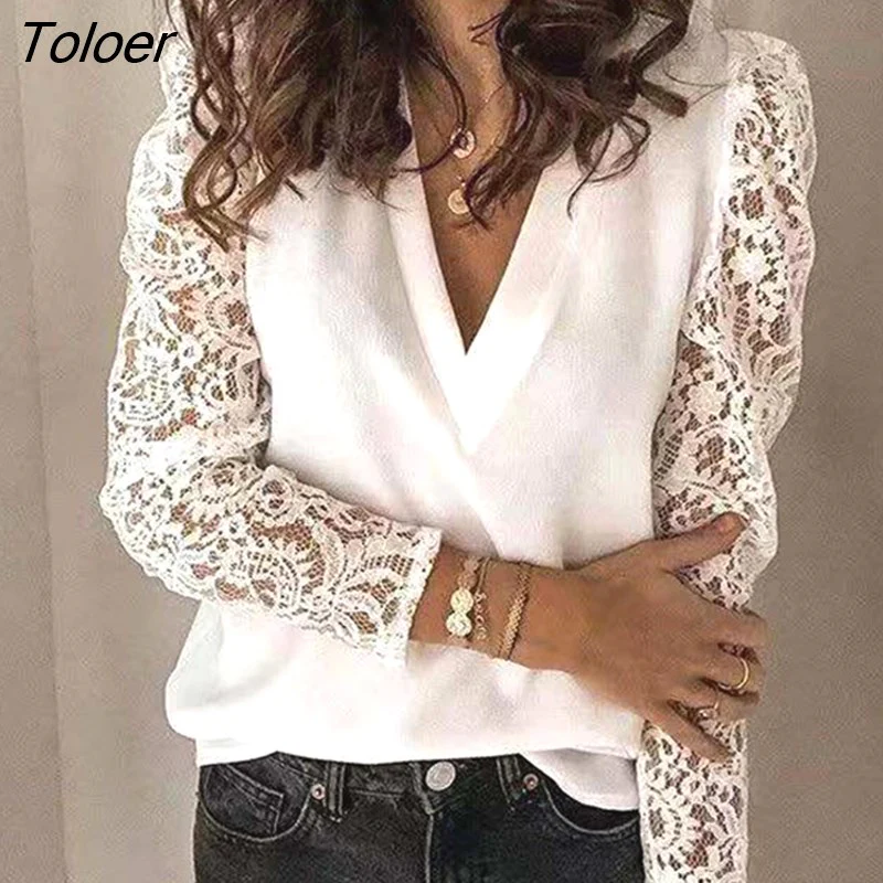 deanwangkt Patchwork Lace Sleeve Women Blouse Vintage V Neck Loose Female Shirts White Long Sleeve Blouses Tops Women Clothes 19040 - Deanwangkt