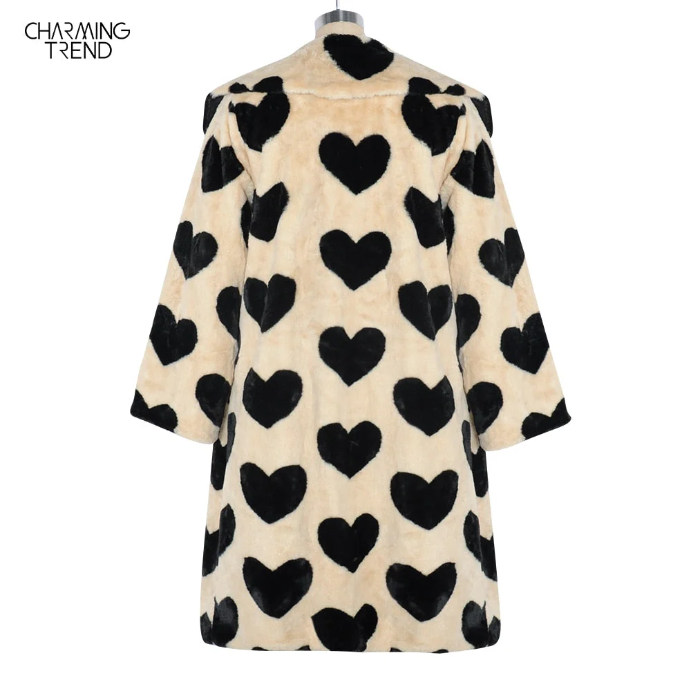 deanwangkt Winter Women Warm Faux Fur Coat Love Pattern Women Long Coat Turn Down Collar Women Warm Plush Coat Classic Coat Loose - Deanwangkt