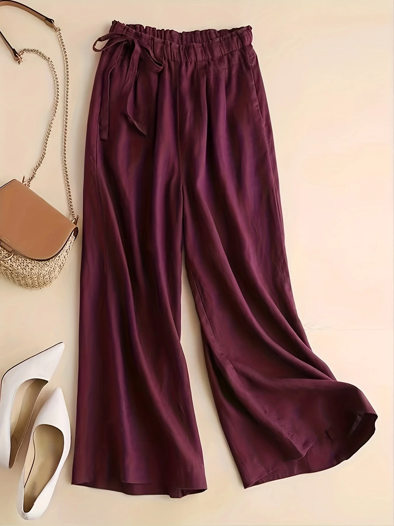 deanwangkt-1  Solid Elastic Waist Pants, Casual Wide Leg Simple Summer Pants, Women's Clothing - Deanwangkt