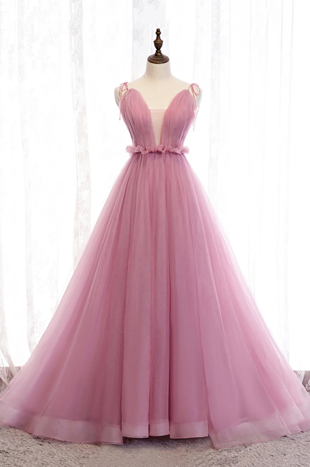 solvbao Pink Tulle Long Prom Dresses, A-Line Evening Party Dresses - Deanwangkt