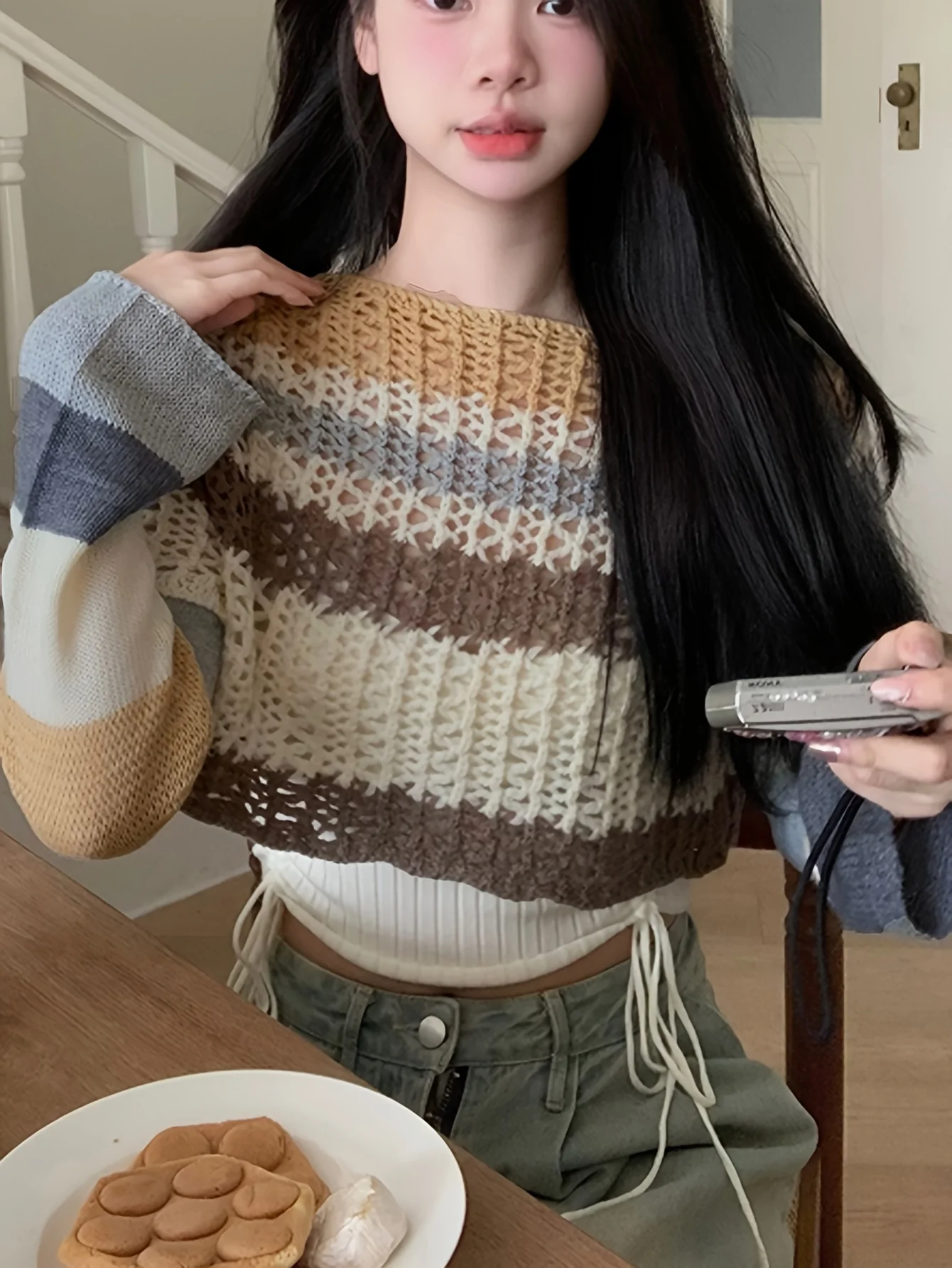 deanwangkt Colorful Striped Hollow Crochet Sweater, Casual Long Sleeve Crop Top For Spring & Fall, Women's Clothing - Deanwangkt