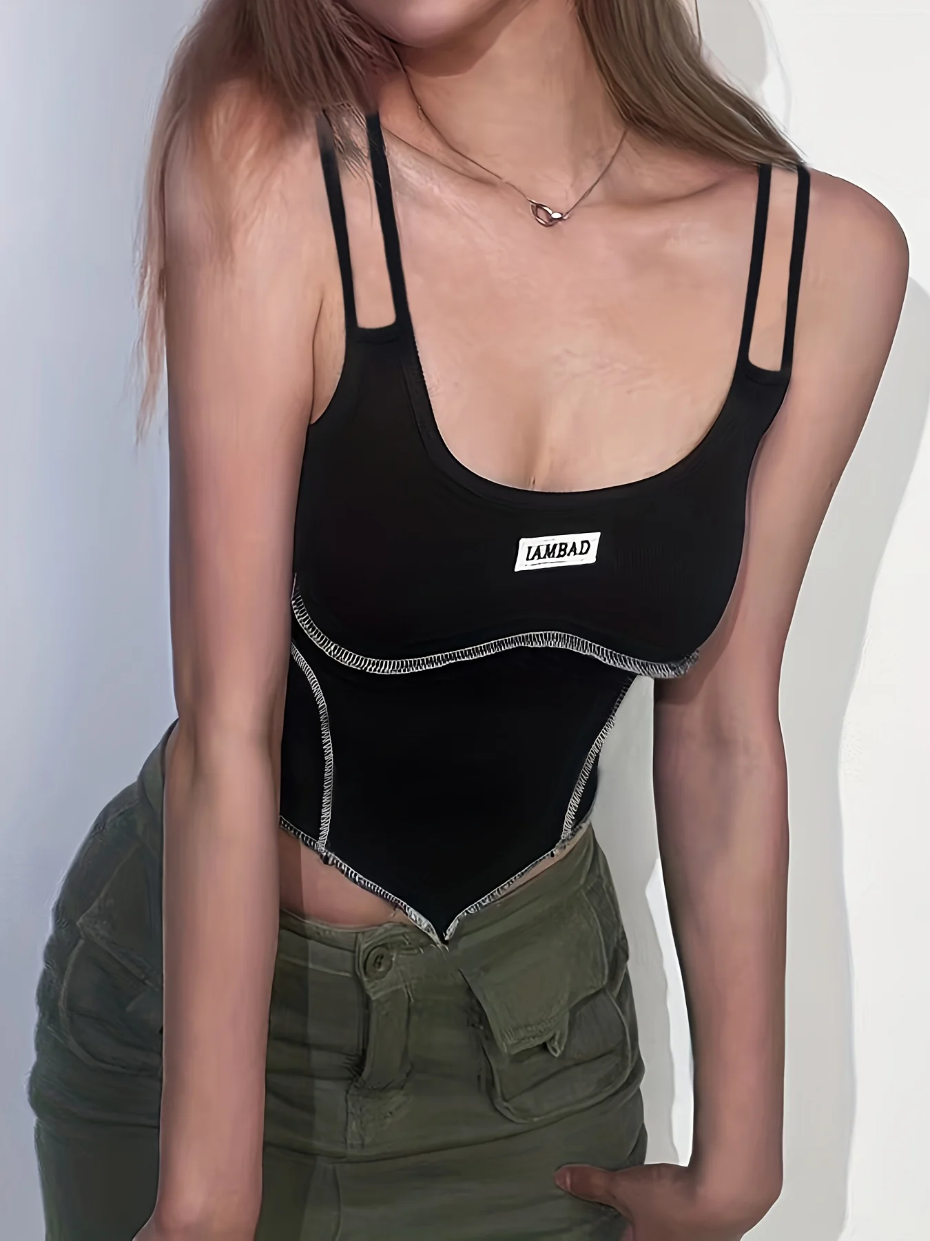 deanwangkt  Letter Label Patched Double Strap Top, Casual Top Stitching Hanky Hem Sleeveless Cami Top For Summer, Women's Clothing - Deanwangkt