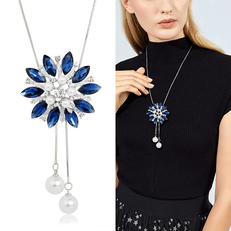 DEANWANGKT Sunflower Crystal Pendant Necklace Women Fashion Blue White Rhinestone Long Chain Necklaces & Pendants Jewelry - Deanwangkt