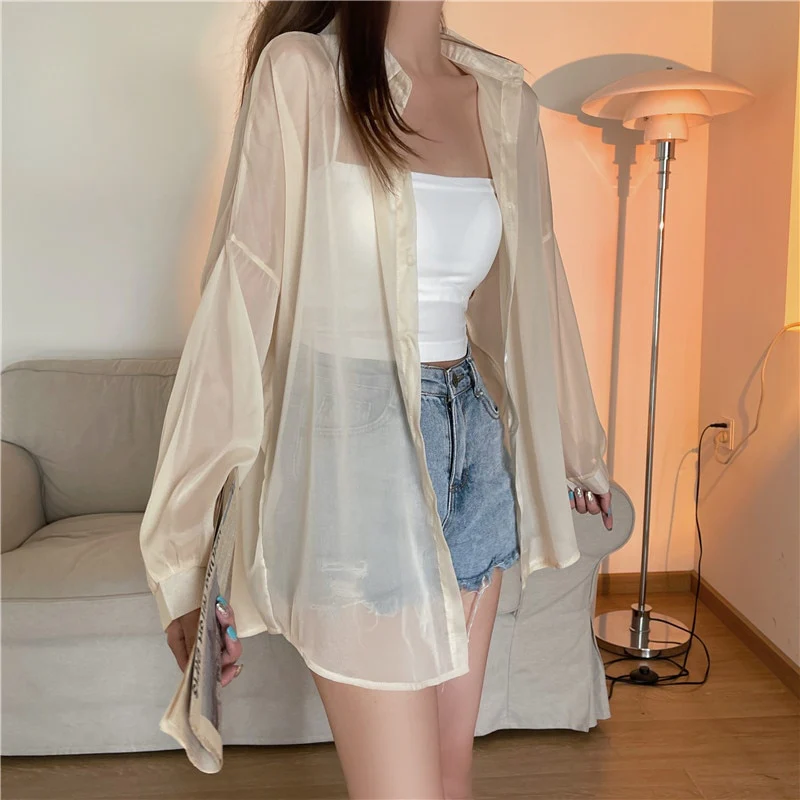 deanwangkt Fashion Women Holiday Beach Shirts See Through Chiffon Blouse Tops Sun Protection Clothes Long Sleeve Blusas New 22209 - Deanwangkt