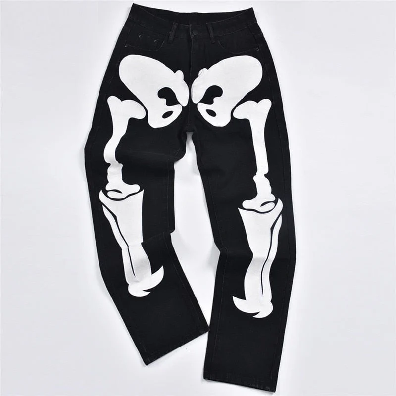 Graduation Gifts  Skeleton Patterned Low Rise Jeans Streetwear Women Black Denim Trousers Cyber Y2k Goth Pants Fall  C82-EF60 - Deanwangkt