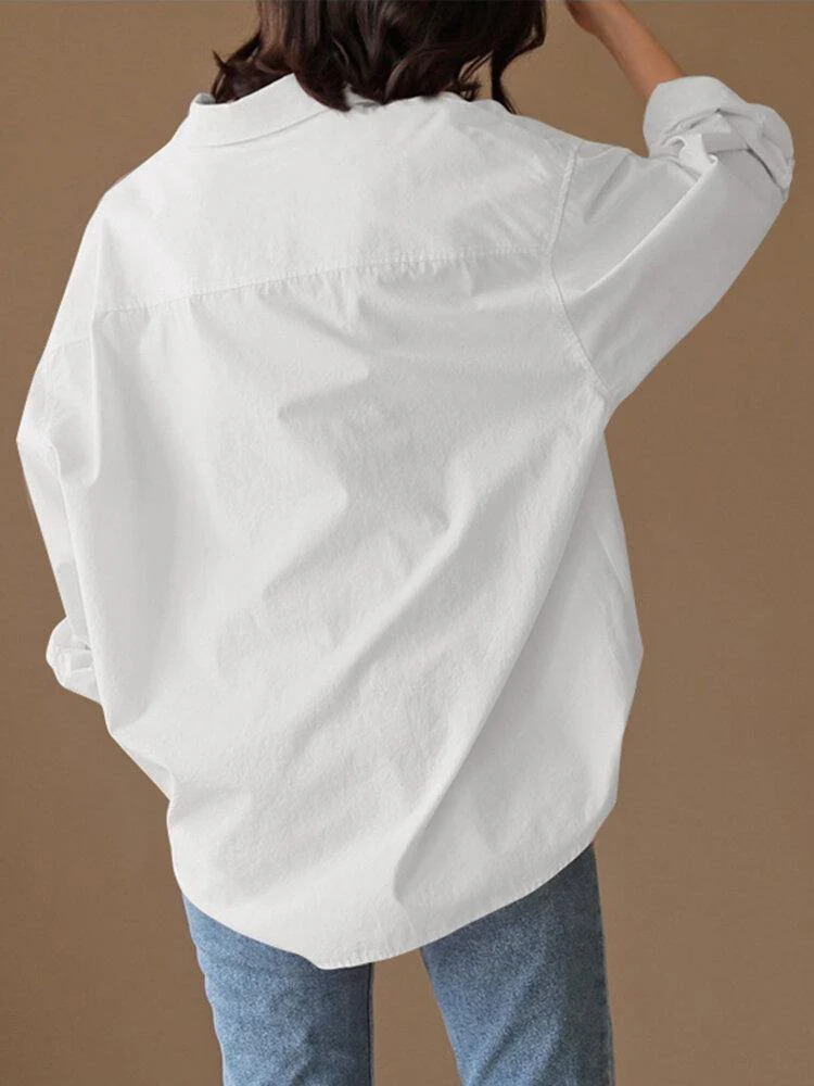 deanwangkt Loose Solid Turn-Down-Collar Full Sleeve Retro Women Blouse - Deanwangkt