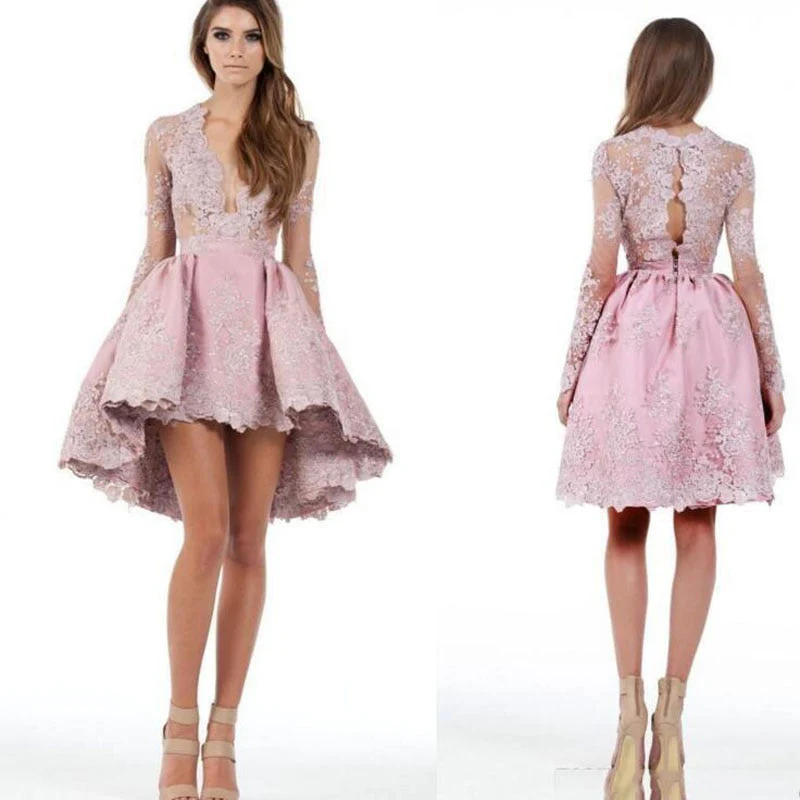 deanwangkt  Cocktail Dresses  Sheer Long Sleeves A Line High Low Plunging V Neck Lace Applique Homecoming Gowns Fashion Short Prom Party - Deanwangkt