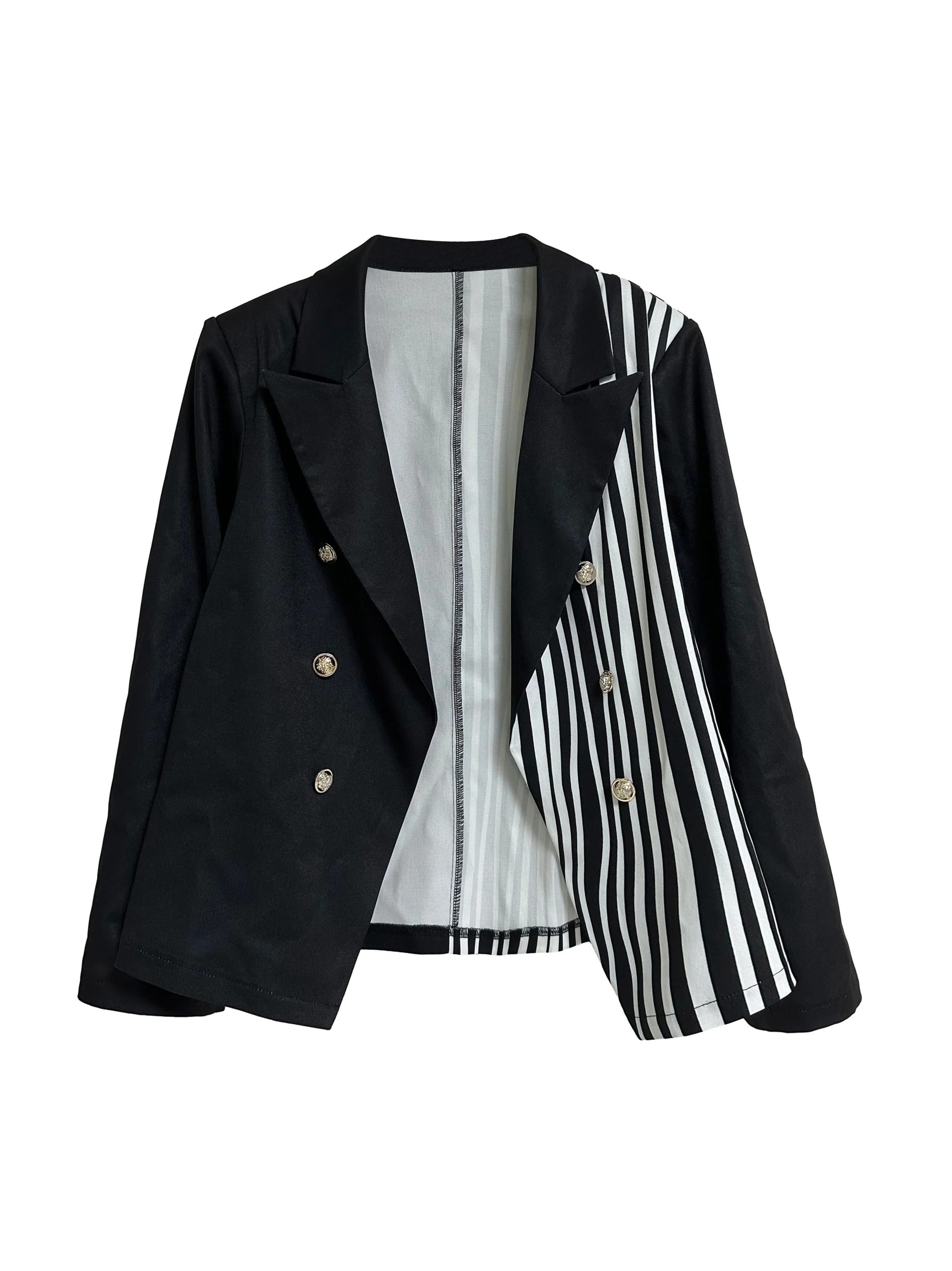 deanwangkt Plus Size Casual Blazer, Women's Plus Colorblock Stripe Print Button Decor Long Sleeve Lapel Collar Blazer - Deanwangkt