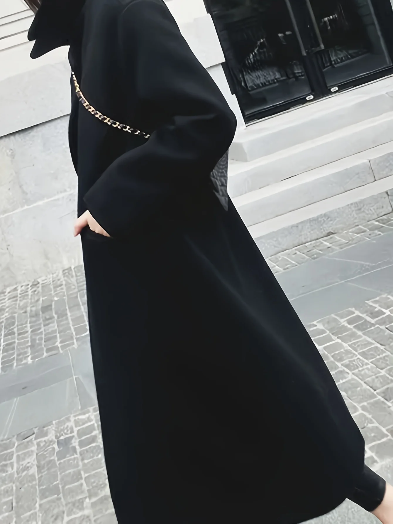 Solid Lapel Mid Length Overcoat, Elegant Long Sleeve Winter Outerwear, Women's Clothing - Deanwangkt