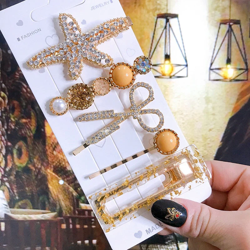 deanwangkt New  Hair Accessories Set For Women Fashion Crystal Simulation Pearl Hair Clips Headwear Jewelry 5PCS Hairpins Ornaments - Deanwangkt