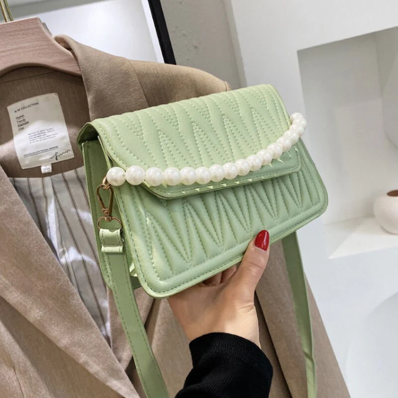 deanwangkt BACK TO COLLEGE    Pearl Chain Strap Handbags For Women Designer Pu Leather Shoulder Bag Plaid Simple Female Crossbody Bag Small Square Bag - Deanwangkt