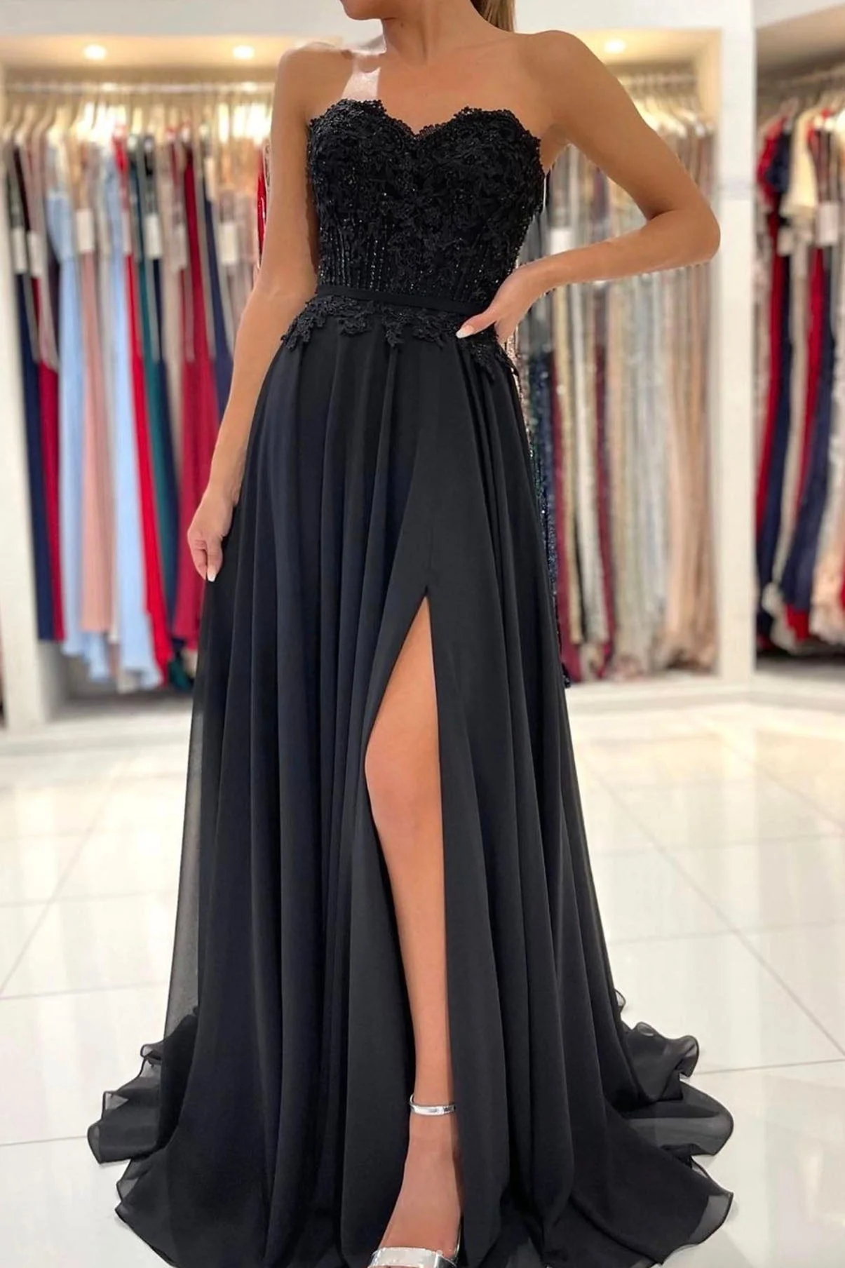 solvbao Black Chiffon Lace Long Prom Dresses, A-Line Strapless Evening Dresses - Deanwangkt