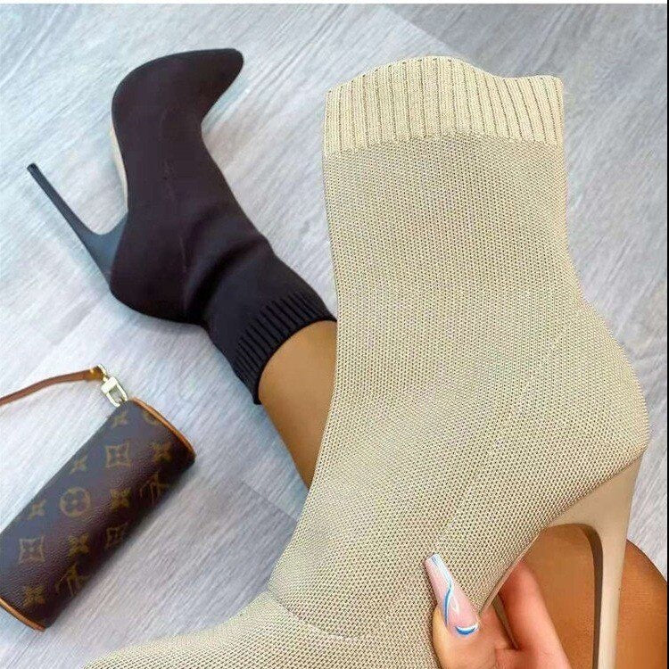 DEANWANGKT Winter Sock Boots Sexy Knitting Stretch Boots High Heels For Women Fashion Shoes Female Autumn Thin Heel Ankle Botas De Mujer - Deanwangkt
