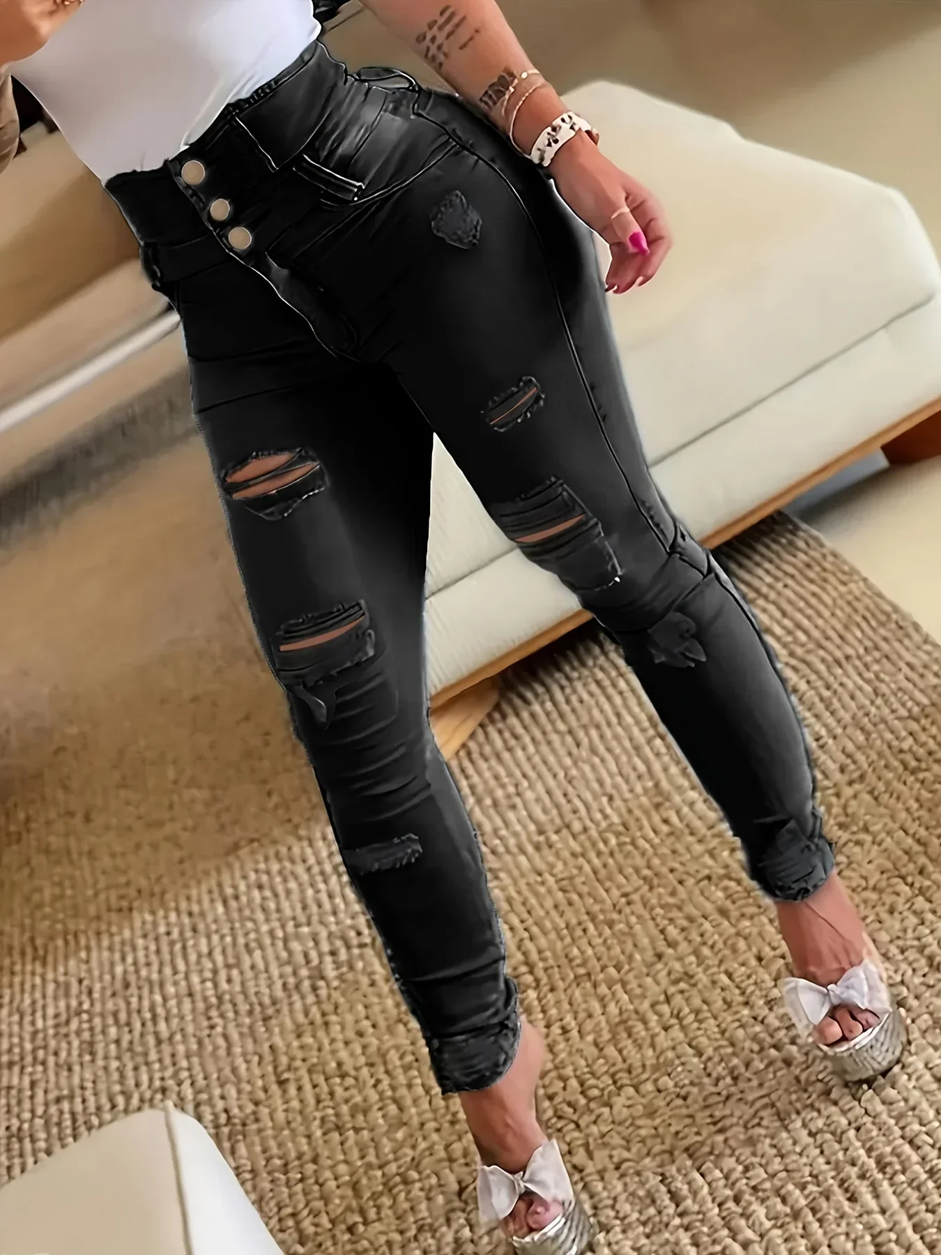deanwangkt Ripped Holes Casual Skinny Jeans, Slash Pockets Distressed Single-Breasted Button High Waist Denim Pants, Women's Denim Jeans - Deanwangkt