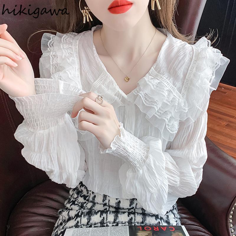 deanwangkt Blouse for Women Sweet Peter Pan Collar Long Sleeve White Shirts Lace Ruffles Chiffon Tops  Blusas Mujer De Moda - Deanwangkt