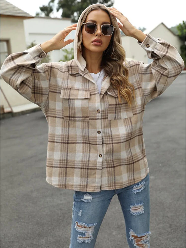 deanwangkt Autumn Plaid Hooded Shirts Women Casual Buttoned Jackets  Vintage Loose Coats Long Sleeve Lapel Tops Female Pockets Outerwears - Deanwangkt