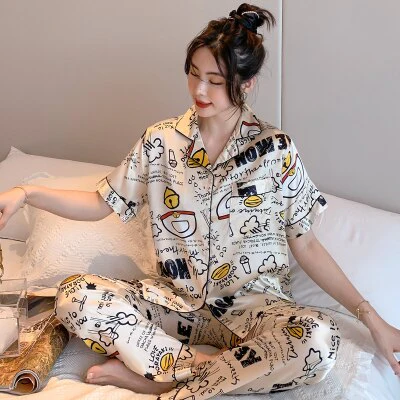 Newest Silk Pajamas for Women Sweet Leopard Pyjamas Woman Elegant Short Sleeve Long Pant Homewear Ladies Sleepwear Sets - Deanwangkt