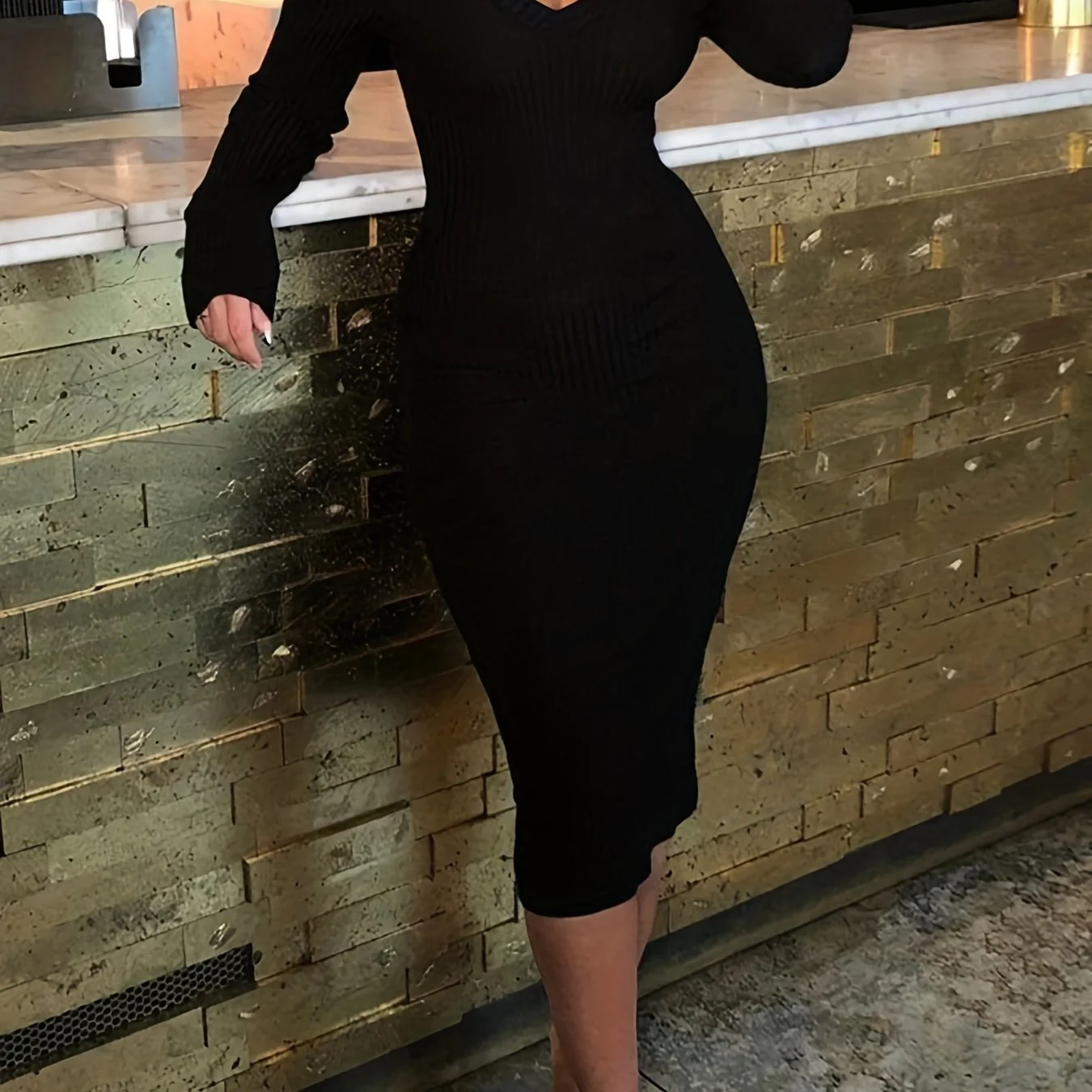 Solid Simple Dress, Casual V Neck Long Sleeve Bodycon Dress, Women's Clothing - Deanwangkt