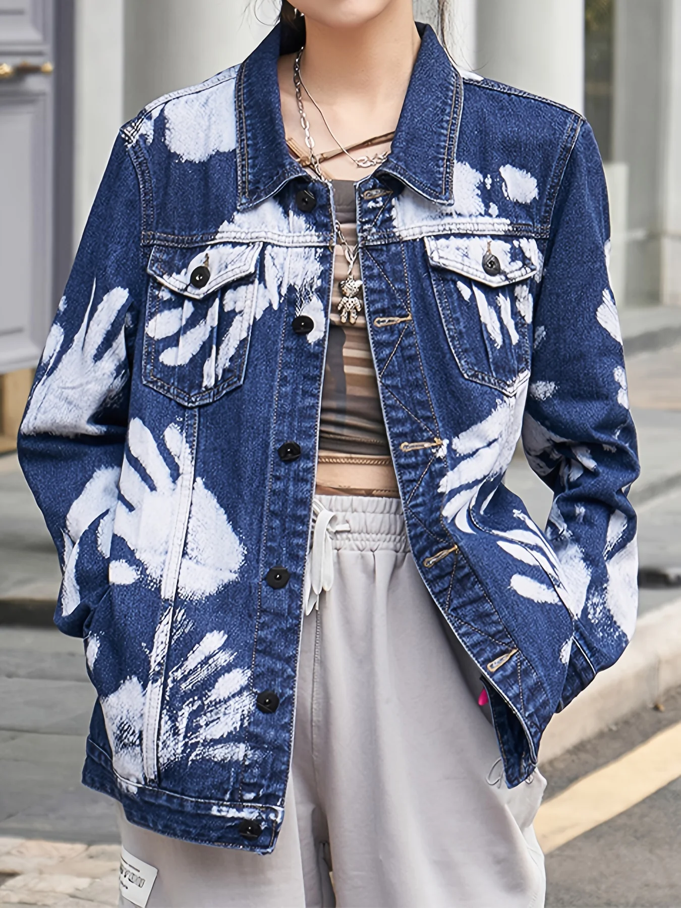 Blue Hand Shaped Graffiti Print Denim Jackets, Long Sleeves Personalized Lapel Denim Coats, Women's Denim Clothing - Deanwangkt