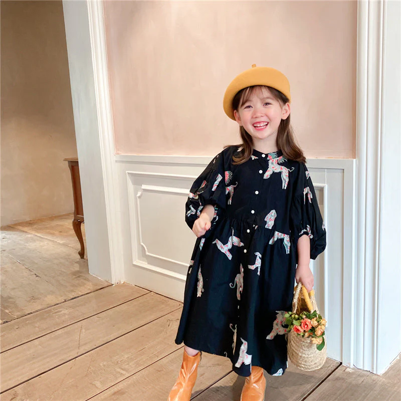 deanwangkt  Spring autumn kids colorful pony printing oversized long dress for girls cotton loose puff sleeve high quality dresses - Deanwangkt