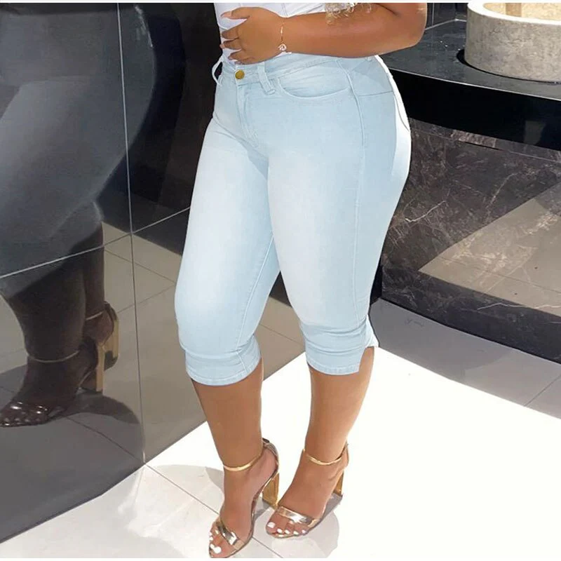 DEANWANGKT  Vintage Mid Blue Stretchy Skinny Knee Length Distressed Mom Jeans Breeches Denim Jeggings Pants 3/4 Short Leggings Capris Jean - Deanwangkt