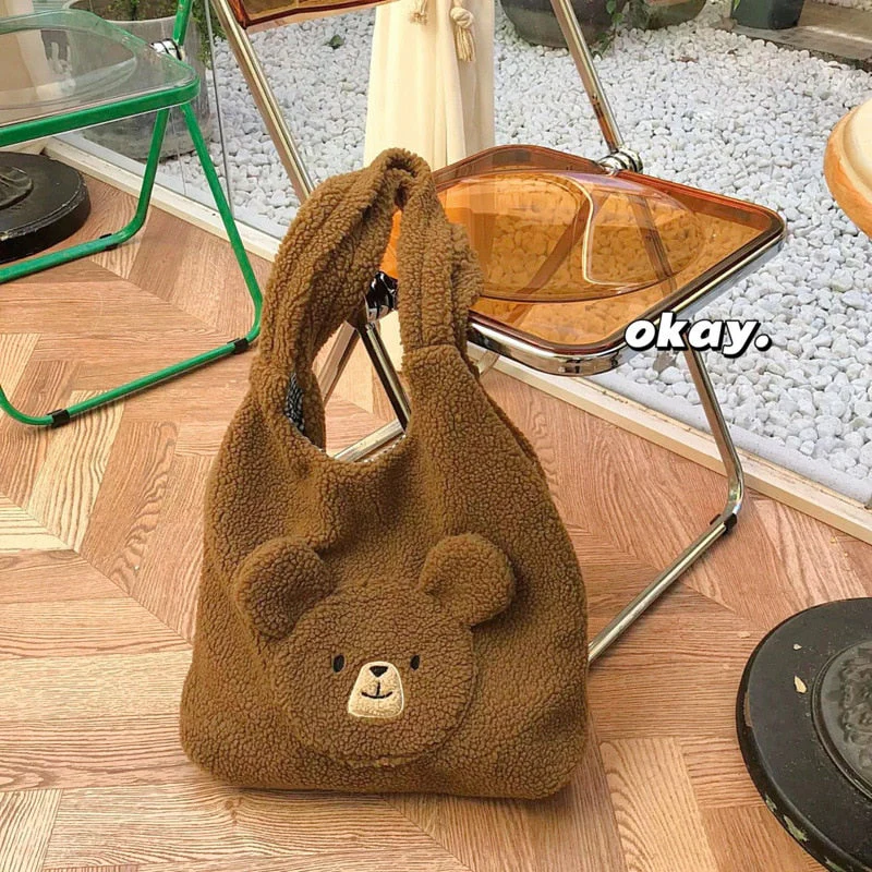 deanwangkt Soft Plush Tote Bag Women 3D Cartoon Bear Print Kawaii Shoulder Bag For Women Imitation Lamb Hair Warm Winter Handbags Big Bag - Deanwangkt