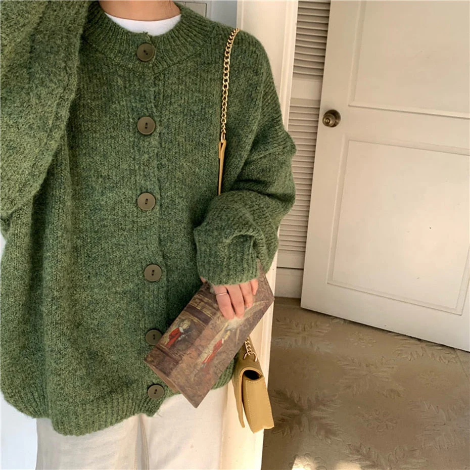 deanwangkt Green Sweater Cardigan Women Winter Sweater Oversized Jacket Harajuku Knitting Sweaters Female Winter Loose Coat Streetwear Girl - Deanwangkt