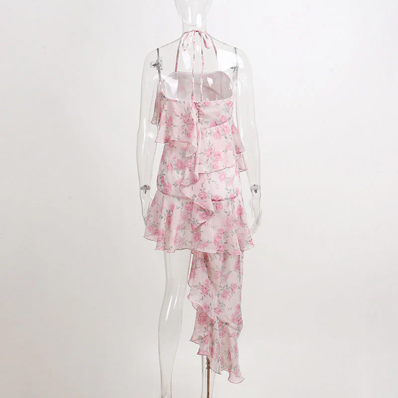 deanwangkt  Floral Print Spaghetti Strap Dresses Mini Women Sexy Backless Halter Neck Spring Summer Ruffle Casual Beach Dress - Deanwangkt