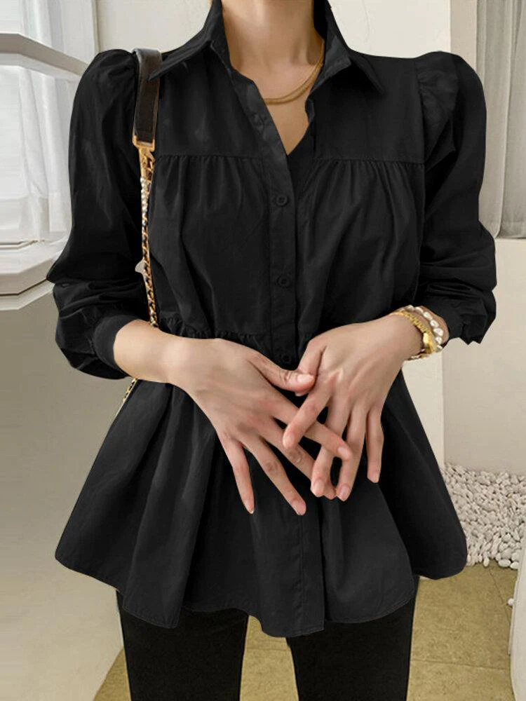 deanwangkt Woman Puff Sleeve Retro Solid Layered Blouse - Deanwangkt