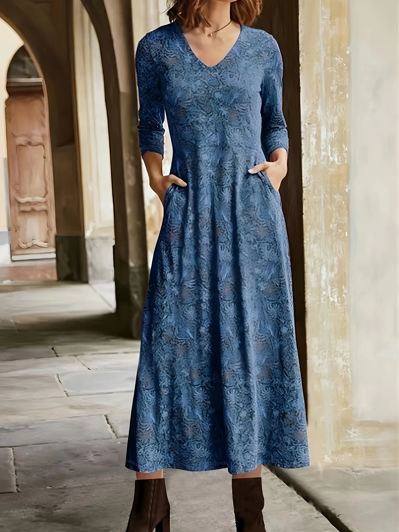 Plus Size Casual Dress, Women's Plus Allover Floral Print Long Sleeve V Neck Dress With Pockets - Deanwangkt